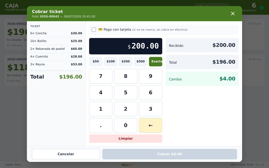 Pantalla de cobro en caja de MiraPan POS: teclado numérico, recibido y cambio calculado