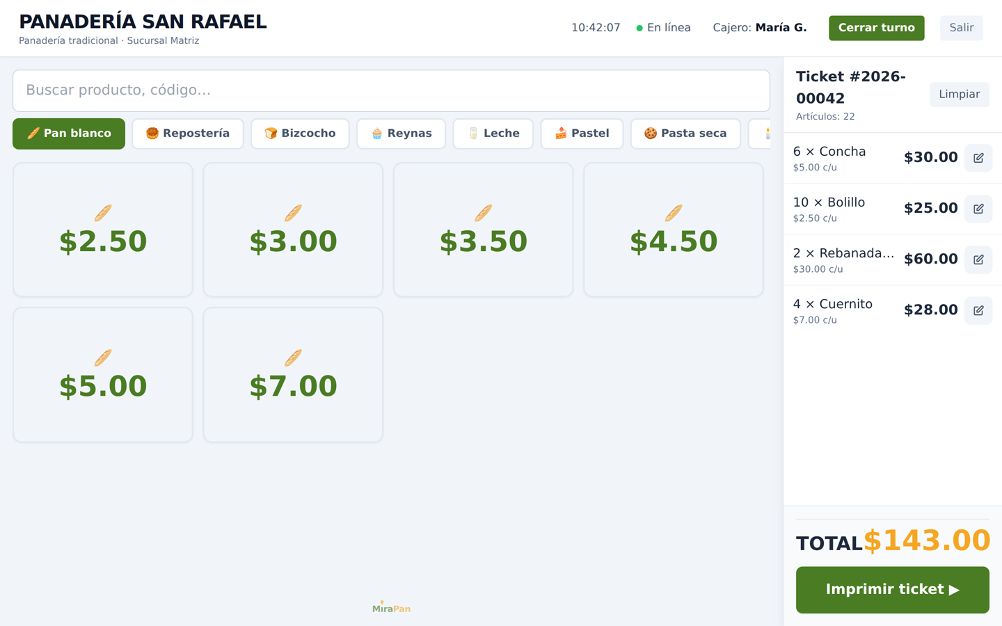 Pantalla de mostrador de MiraPan POS: panel de precios por categoría y ticket en curso